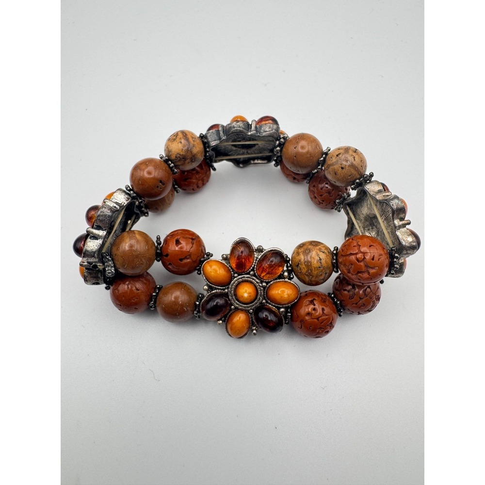 Vintage Boho Bracelet Carved Earth Tone Bead Double Strand Flower Stretch - Picture 6 of 9